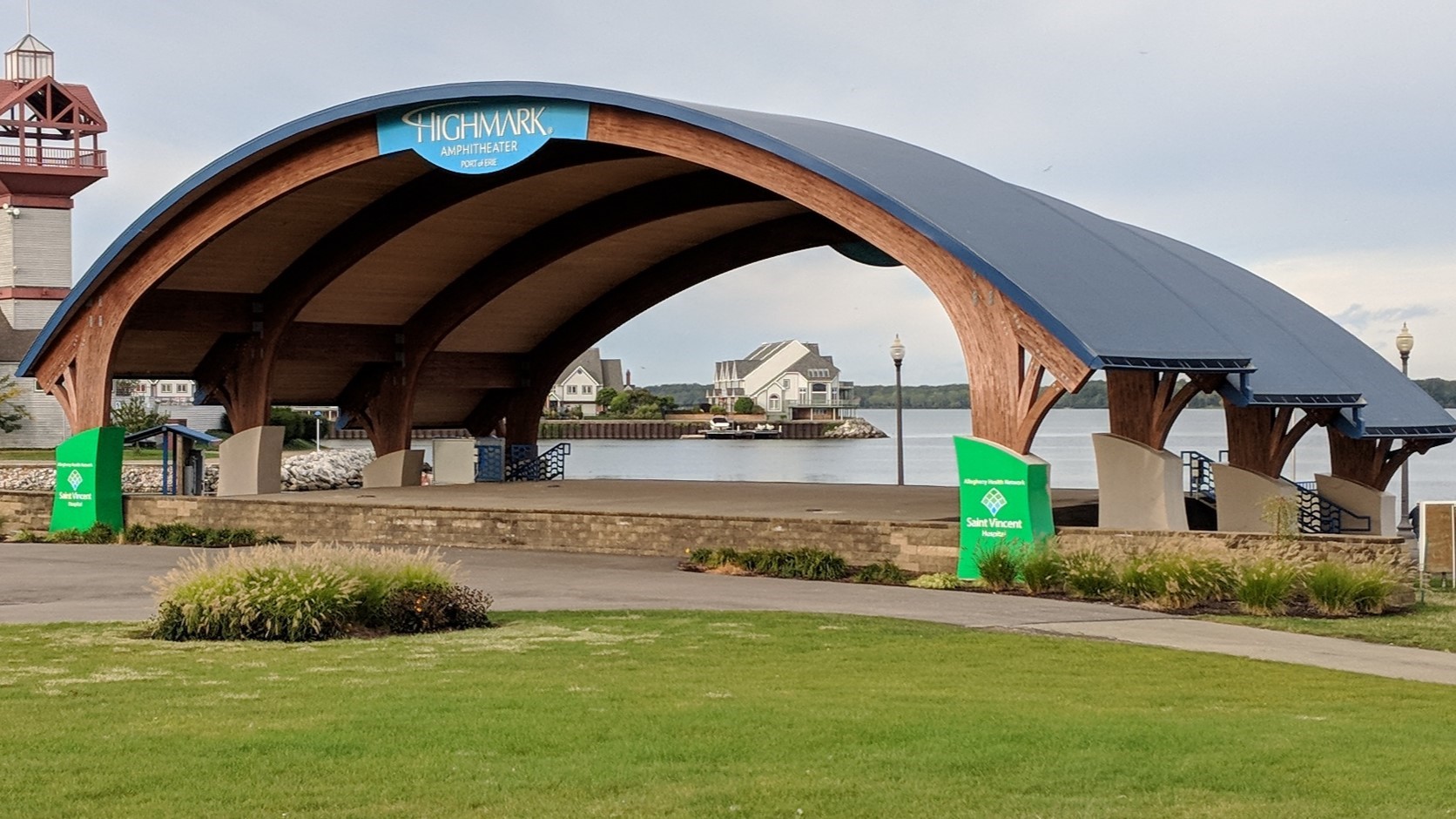 Wood laminate construction beams form an amphitheater at Port of Erie.