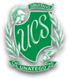 Logo of Unatego Central School featuring a green shield and Spartan imagery.
