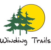 Logo featuring trees and a sun with the text 'Winding Trails.'