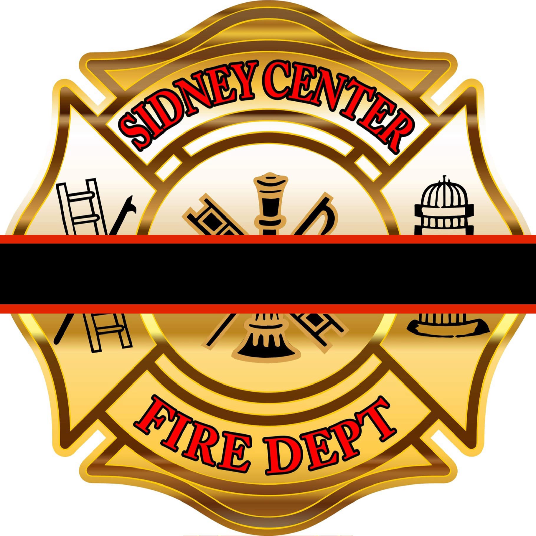 Sidney Center Fire Department emblem with various firefighting symbols and a black stripe.
